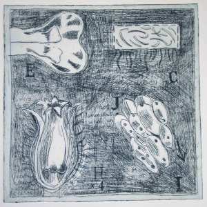 Botanical etching with obscuring layer of cross hatching. 